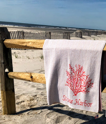 CORAL Sea Fan on Flax Herringbone STONE HARBOR  60 x 50