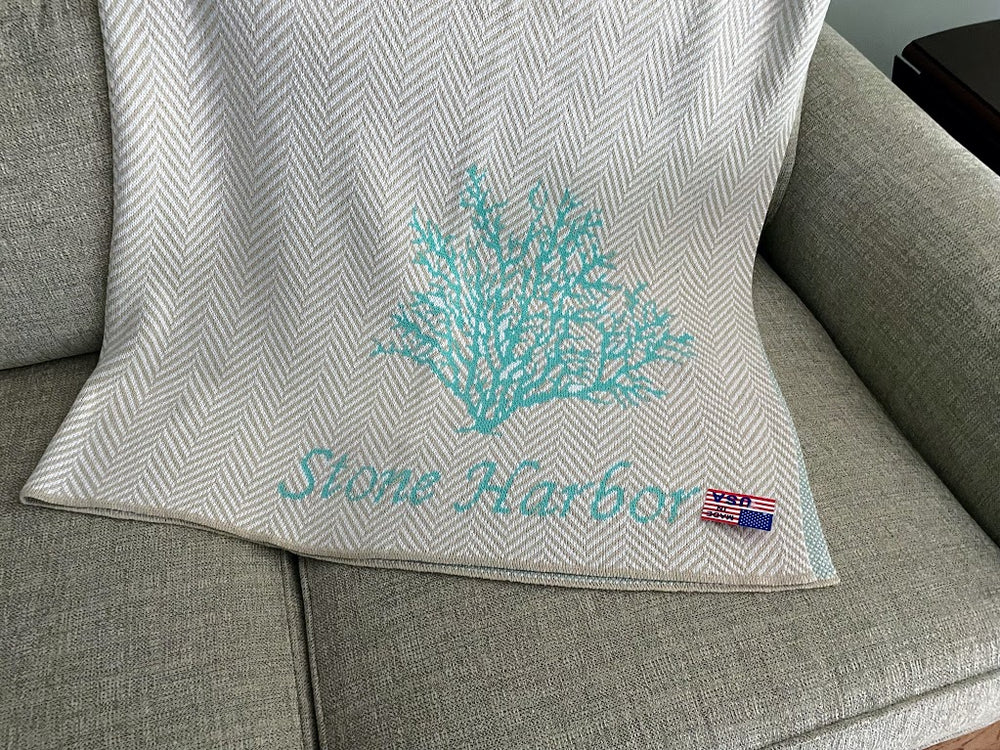 SEAFOAM Sea Fan on Flax Herringbone STONE HARBOR 60 x 50