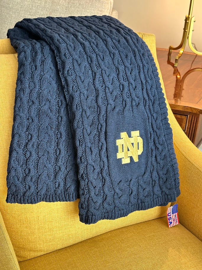Notre Dame Aran Signature Cable Blanket Navy or Natural