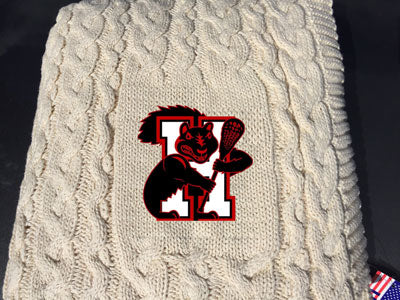Haverford Natural Cotton Super Chunky Cable Blanket embroidered with the Haverford LAX Squirrel 50 x 60